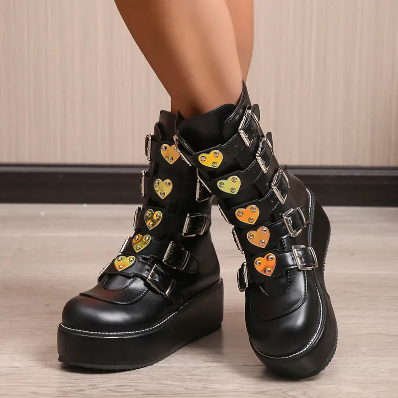 Luxury Brand Big Size 43 Fashion Cool Street Buckles Goth Winter Platform Motorcycles Boots Halloween Cosplay Black Woman Shoes
