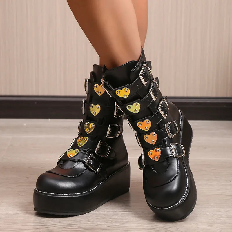 Luxury Brand Big Size 43 Fashion Cool Street Buckles Goth Winter Platform Motorcycles Boots Halloween Cosplay Black Woman Shoes AMAIO