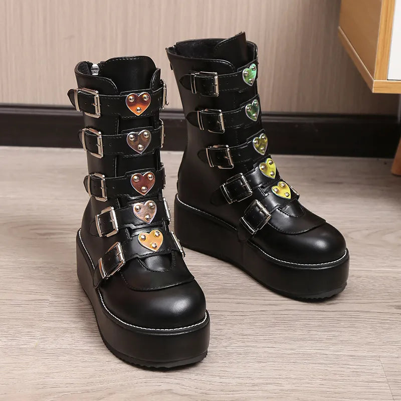 Luxury Brand Big Size 43 Fashion Cool Street Buckles Goth Winter Platform Motorcycles Boots Halloween Cosplay Black Woman Shoes