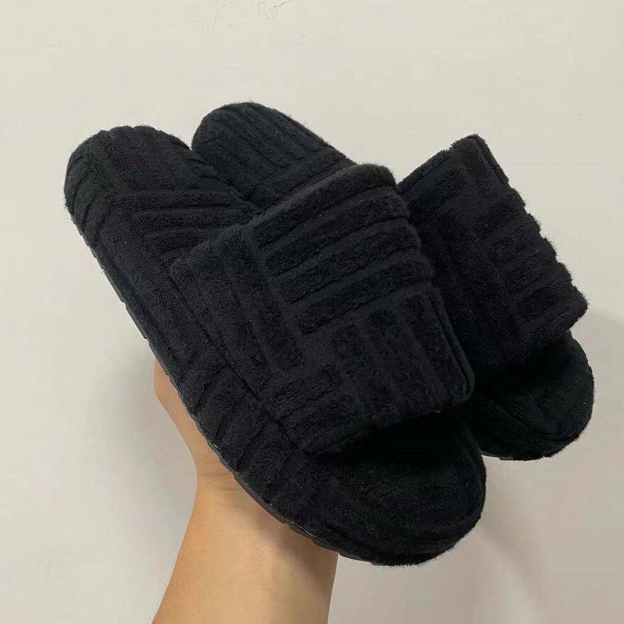 Luxury Brand Peep Toe Thick Sole Women Slippers Green Corduroy Flat Outwear Ladies Slides Summer Autumn Runway Flip Flops Women Black