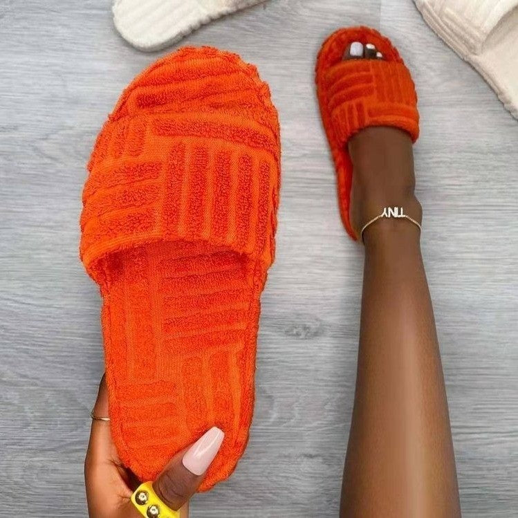 Luxury Brand Peep Toe Thick Sole Women Slippers Green Corduroy Flat Outwear Ladies Slides Summer Autumn Runway Flip Flops Women Orange red