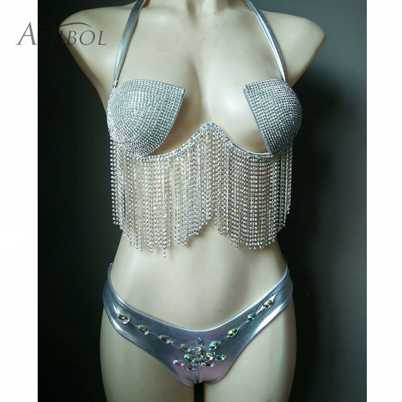 Luxury Crystal Bikini Sexy Rhinestone Tassels Women Swimwear Shiny Jewllery Diamonds Female's Swimsuit Silver