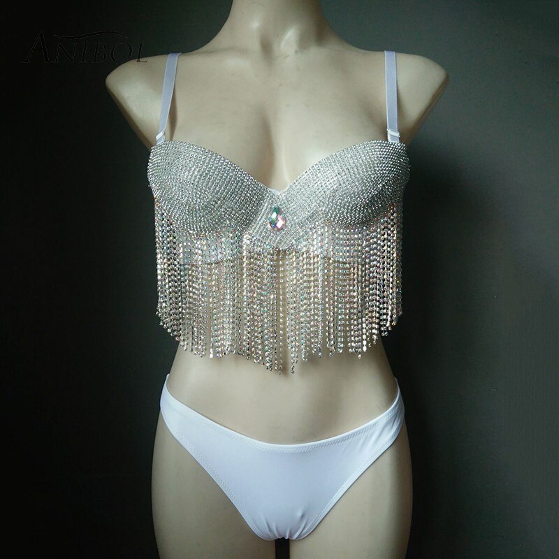 Luxury Crystal Bikini Sexy Rhinestone Tassels Women Swimwear Shiny Jewllery Diamonds Female's Swimsuit White