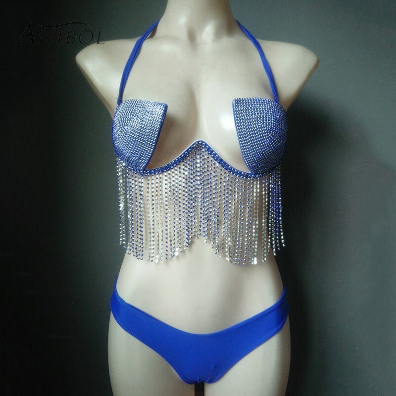 Luxury Crystal Bikini Sexy Rhinestone Tassels Women Swimwear Shiny Jewllery Diamonds Female's Swimsuit Blue
