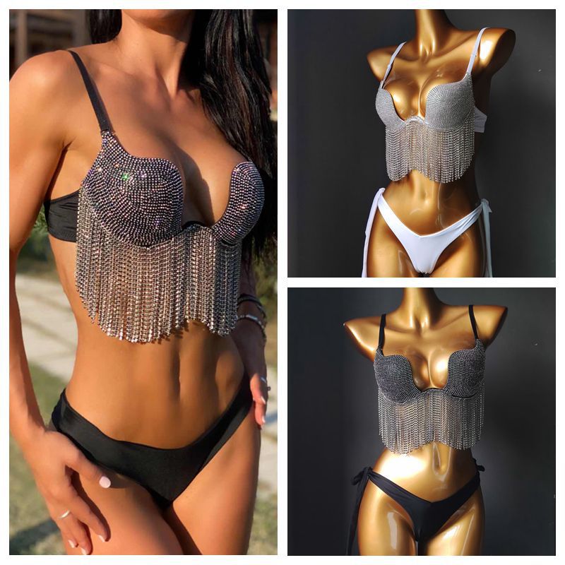 Luxury Crystal Diamond Bikini High-End Rhinestone Women's Swimsuit Gathered Push Up Female's Swimwear AMAIO