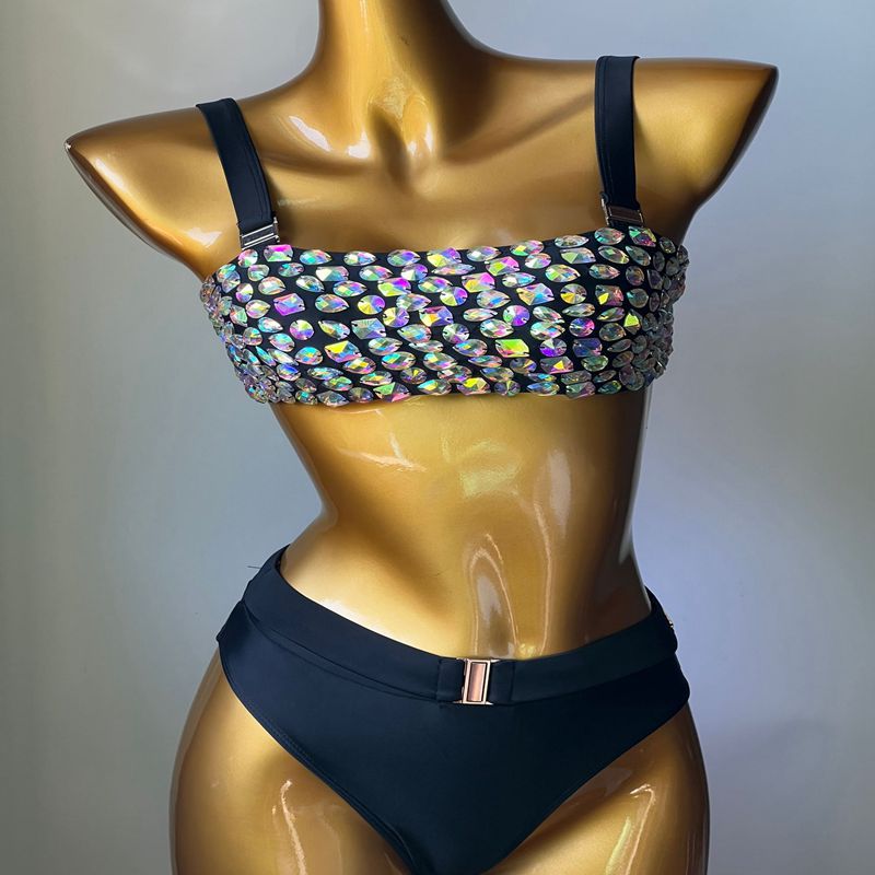 Luxury Crystal Diamond Bikini Set Manual Sewn Rhinestone Bandage Woman's Swimsuit High Waist Bandeau Black Swimwear Black