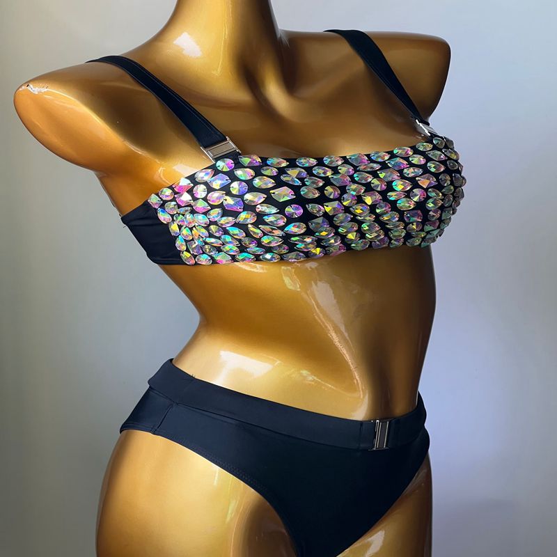 Luxury Crystal Diamond Bikini Set Manual Sewn Rhinestone Bandage Woman's Swimsuit High Waist Bandeau Black Swimwear