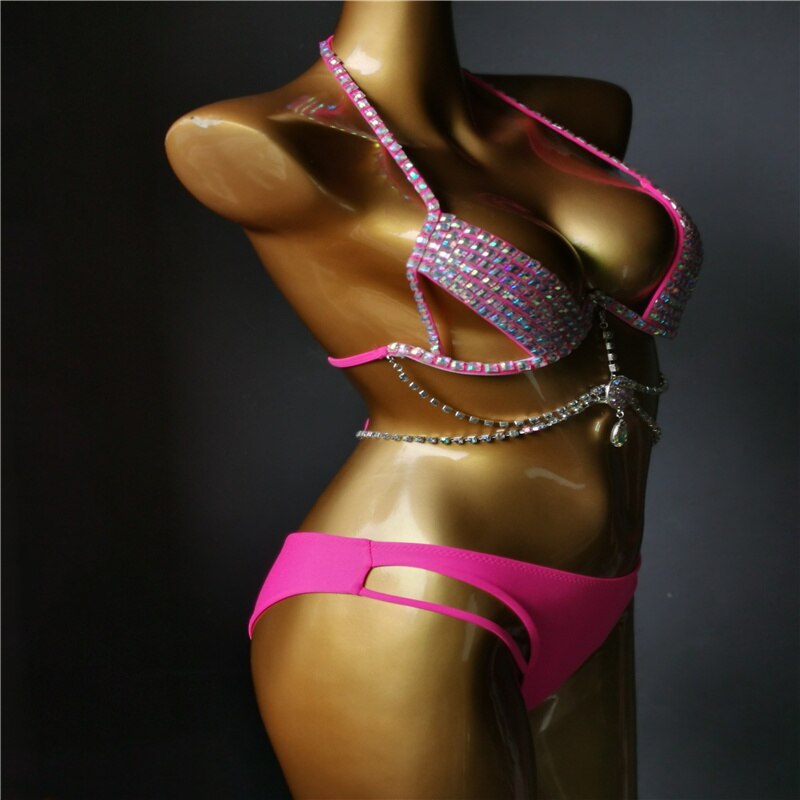 Luxury Crystal Diamond Bikini Sexy Push Up Gathered Women's Split Swimsuit High-End Rhinestone Chain Swimwear