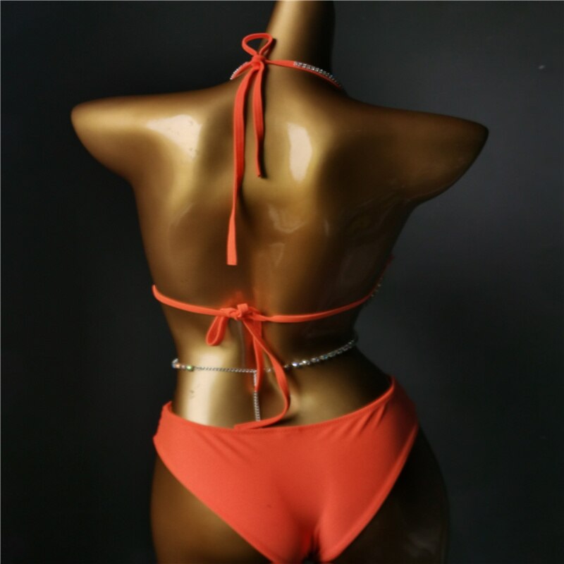 Luxury Crystal Diamond Bikini Sexy Push Up Gathered Women's Split Swimsuit High-End Rhinestone Chain Swimwear