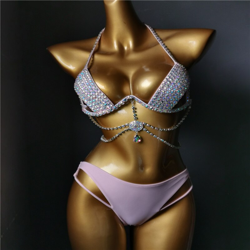 Luxury Crystal Diamond Bikini Sexy Push Up Gathered Women's Split Swimsuit High-End Rhinestone Chain Swimwear