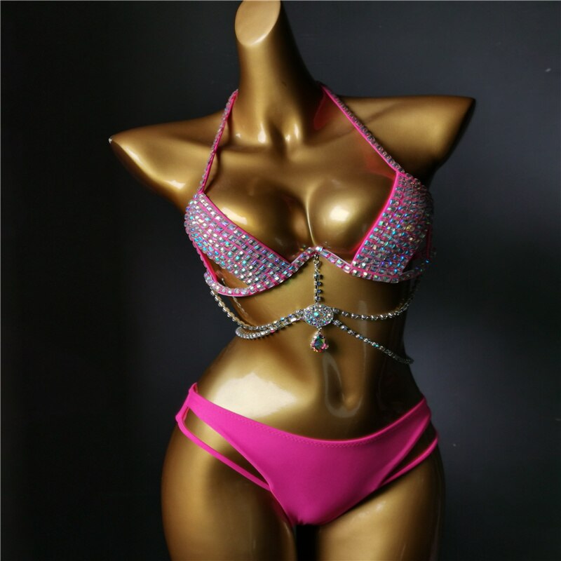 Luxury Crystal Diamond Bikini Sexy Push Up Gathered Women's Split Swimsuit High-End Rhinestone Chain Swimwear Rose Red
