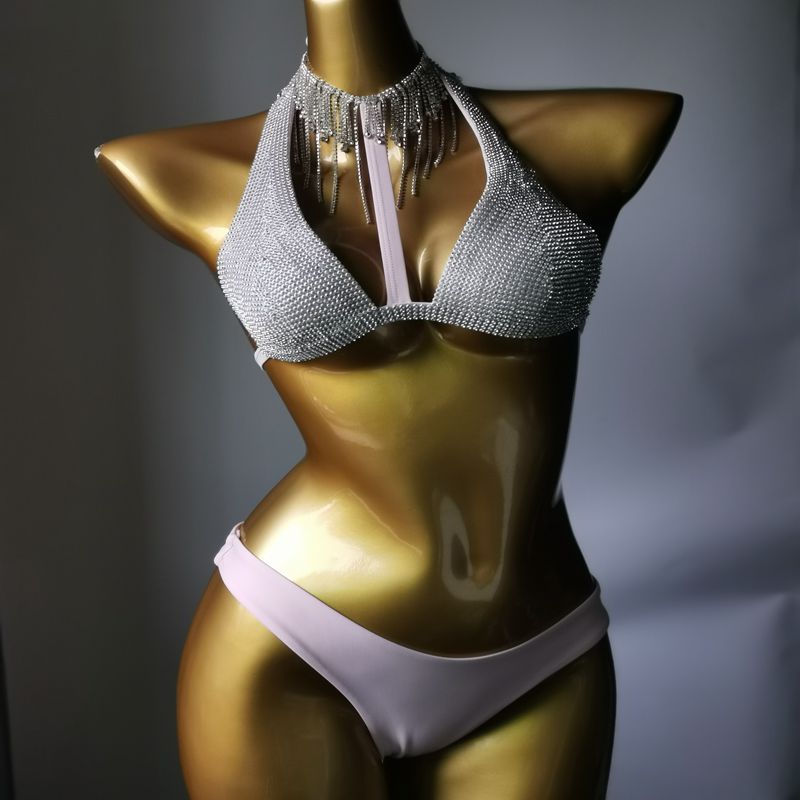 Luxury Crystal Diamond Bikini Sexy Push Up Gathered Women's Split Swimsuit Rhinestone Tassels Halter Triangle Swimwear