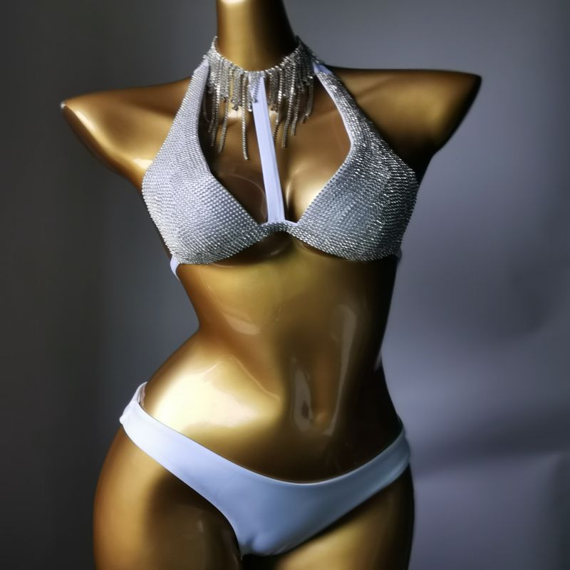 Luxury Crystal Diamond Bikini Sexy Push Up Gathered Women's Split Swimsuit Rhinestone Tassels Halter Triangle Swimwear White