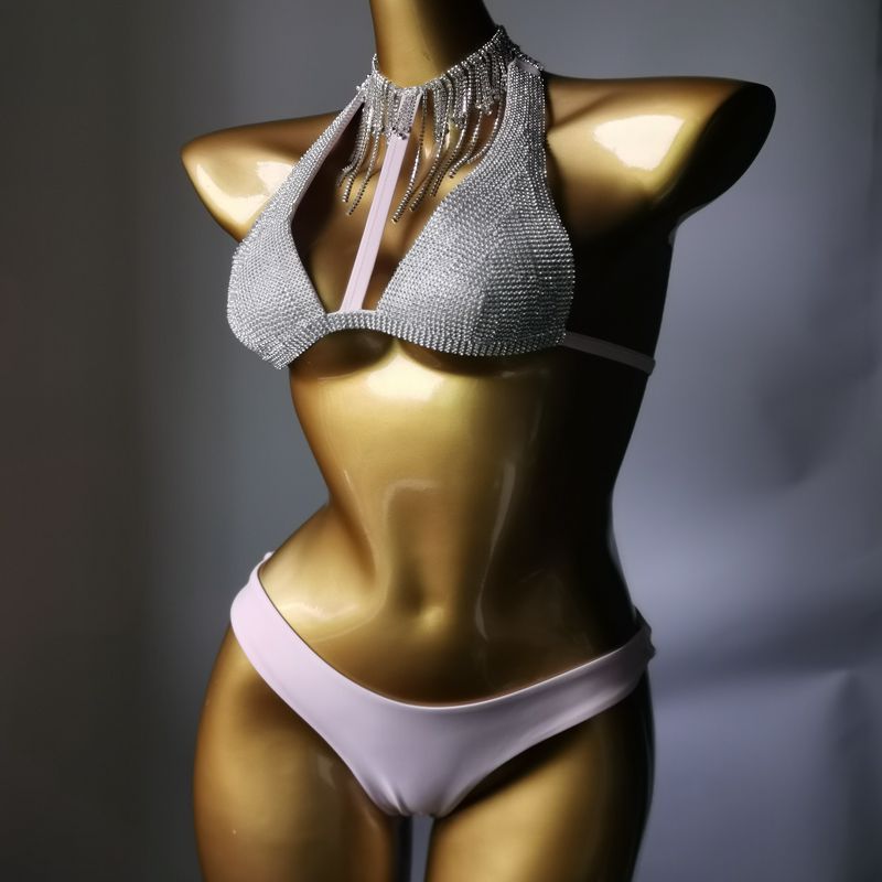 Luxury Crystal Diamond Bikini Sexy Push Up Gathered Women's Split Swimsuit Rhinestone Tassels Halter Triangle Swimwear