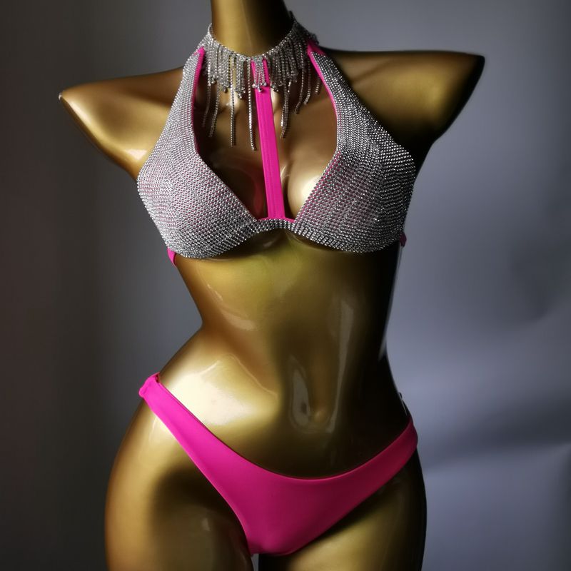 Luxury Crystal Diamond Bikini Sexy Push Up Gathered Women's Split Swimsuit Rhinestone Tassels Halter Triangle Swimwear