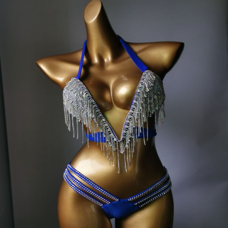 Luxury Crystal Diamond Bikini Sexy Push Up Gathered Women's Swimsuit Rhinestone Tassels Split Swimwewear Blue