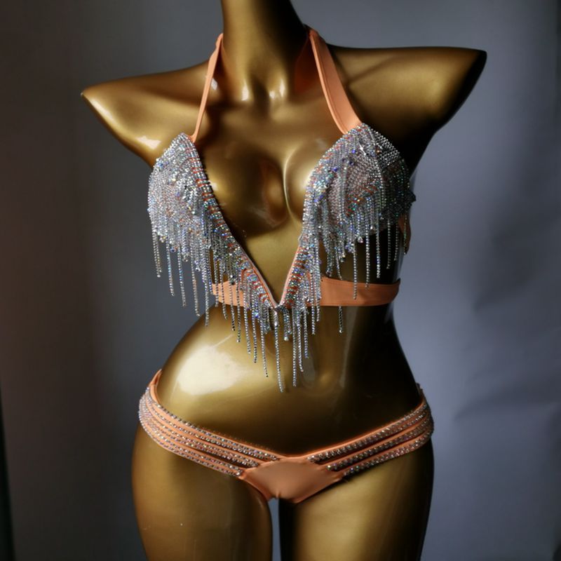 Luxury Crystal Diamond Bikini Sexy Push Up Gathered Women's Swimsuit Rhinestone Tassels Split Swimwewear Orange