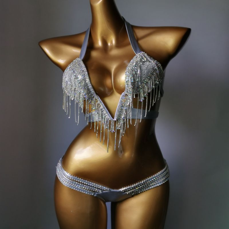 Luxury Crystal Diamond Bikini Sexy Push Up Gathered Women's Swimsuit Rhinestone Tassels Split Swimwewear Silver