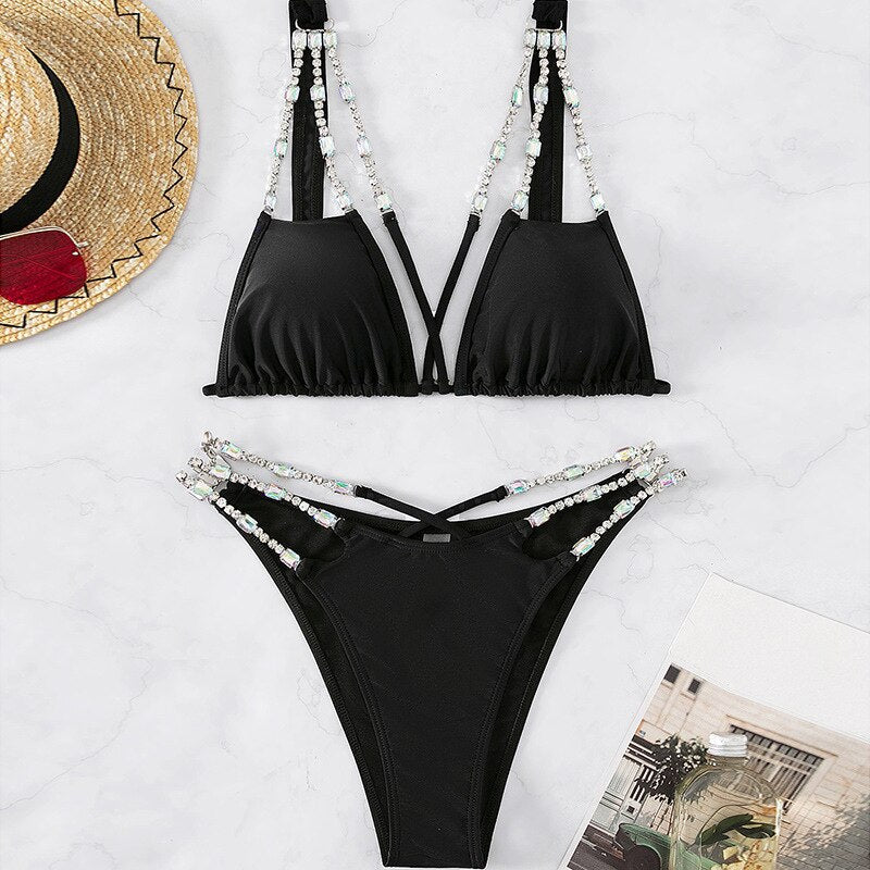 Luxury Crystal Diamond Bikini Sexy Strappy Bandage Women's Triangle Swimsuit Shiny Rhinestone Push Up Swimwear Biquini
