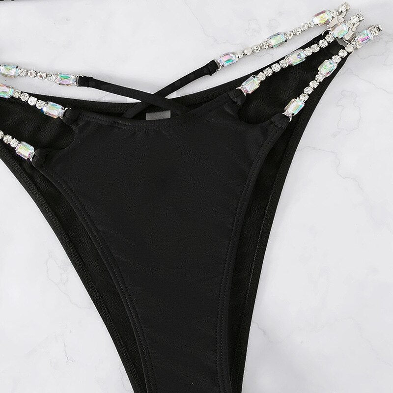 Luxury Crystal Diamond Bikini Sexy Strappy Bandage Women's Triangle Swimsuit Shiny Rhinestone Push Up Swimwear Biquini