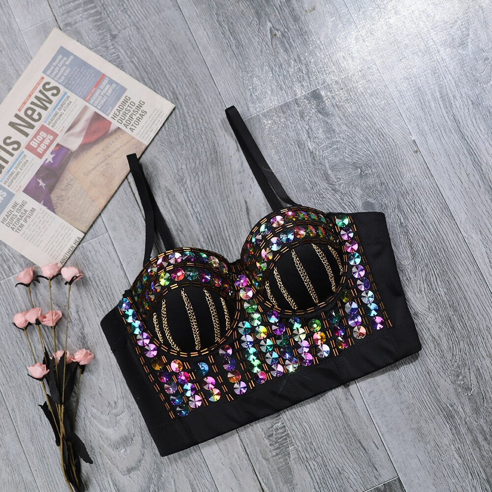 Luxury Crystal Diamond Camisole Gathered Push Up Fishbone Shaping Corset Street Fashion Outwear Women's Tube Top