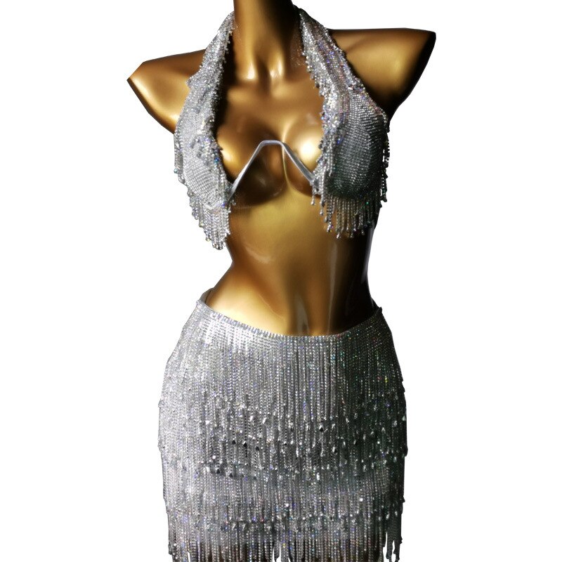 Luxury Crystal Diamond Skirt Club Wear Push Up Gathered Women's Rhinestone Bra Sexy Hip Wrap Tassels Suit