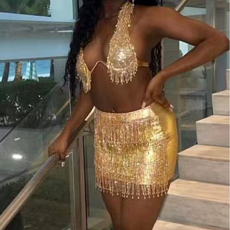 Luxury Crystal Diamond Skirt Club Wear Push Up Gathered Women's Rhinestone Bra Sexy Hip Wrap Tassels Suit