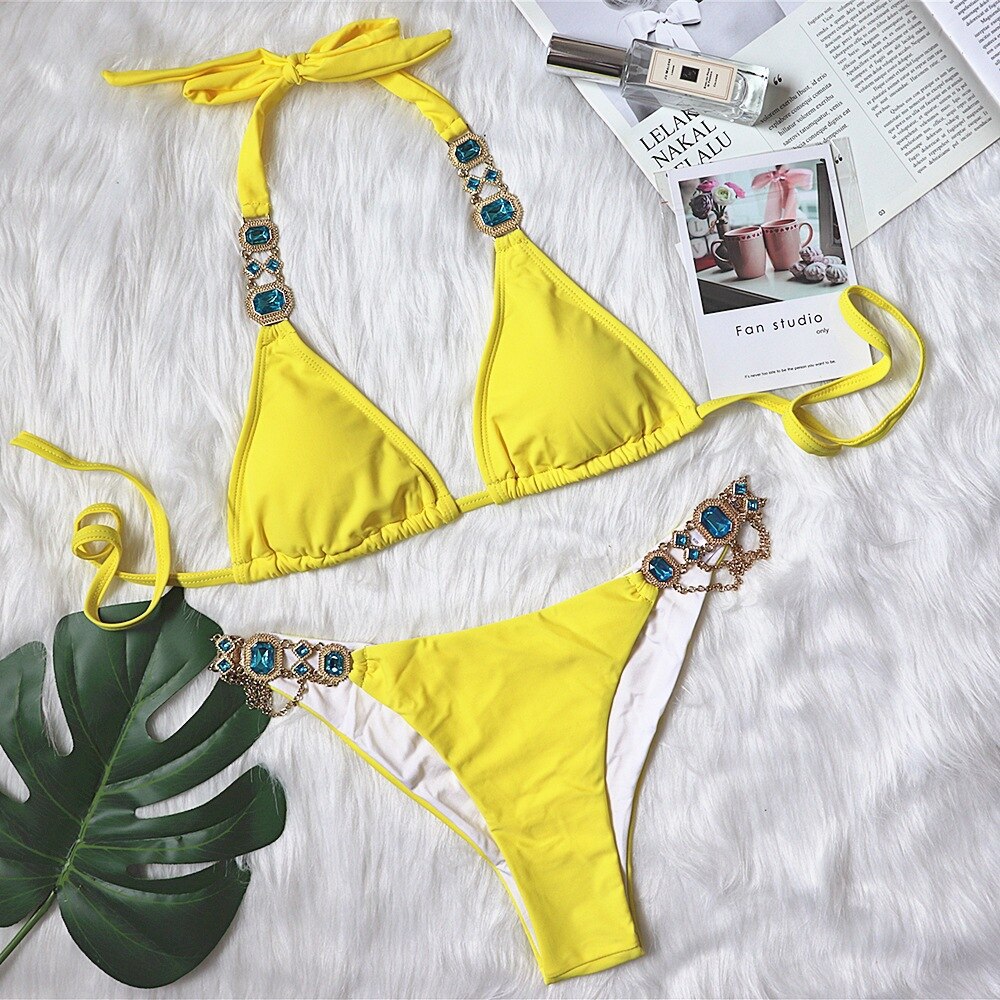 Luxury Crystal Diamond Triangle Bikini Sexy Halter Snakeskin Women Swimsuit Newest Rhinestone Swimwear Yellow