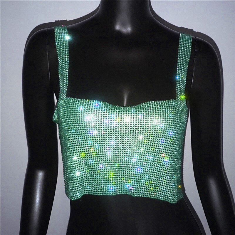 Luxury Crystal Diamond Women's Camisole Shiny Rhinestone Hot Girls Crop Top Sexy Night Club Wear Suspender Vest Green