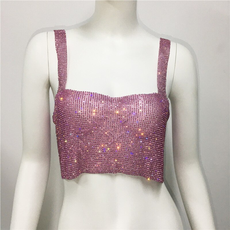 Luxury Crystal Diamond Women's Camisole Shiny Rhinestone Hot Girls Crop Top Sexy Night Club Wear Suspender Vest Pink