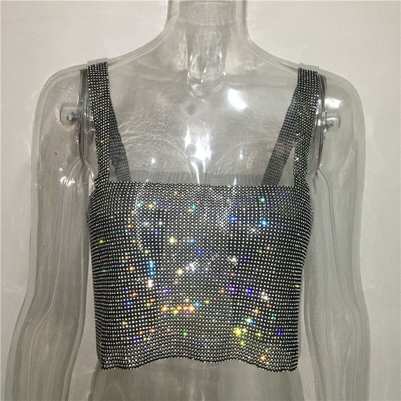 Luxury Crystal Diamond Women's Camisole Shiny Rhinestone Hot Girls Crop Top Sexy Night Club Wear Suspender Vest Black