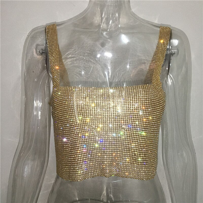 Luxury Crystal Diamond Women's Camisole Shiny Rhinestone Hot Girls Crop Top Sexy Night Club Wear Suspender Vest Gold