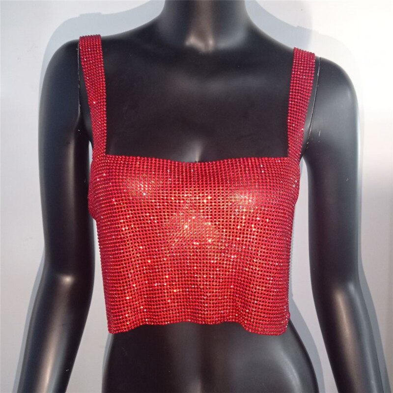 Luxury Crystal Diamond Women's Camisole Shiny Rhinestone Hot Girls Crop Top Sexy Night Club Wear Suspender Vest Red