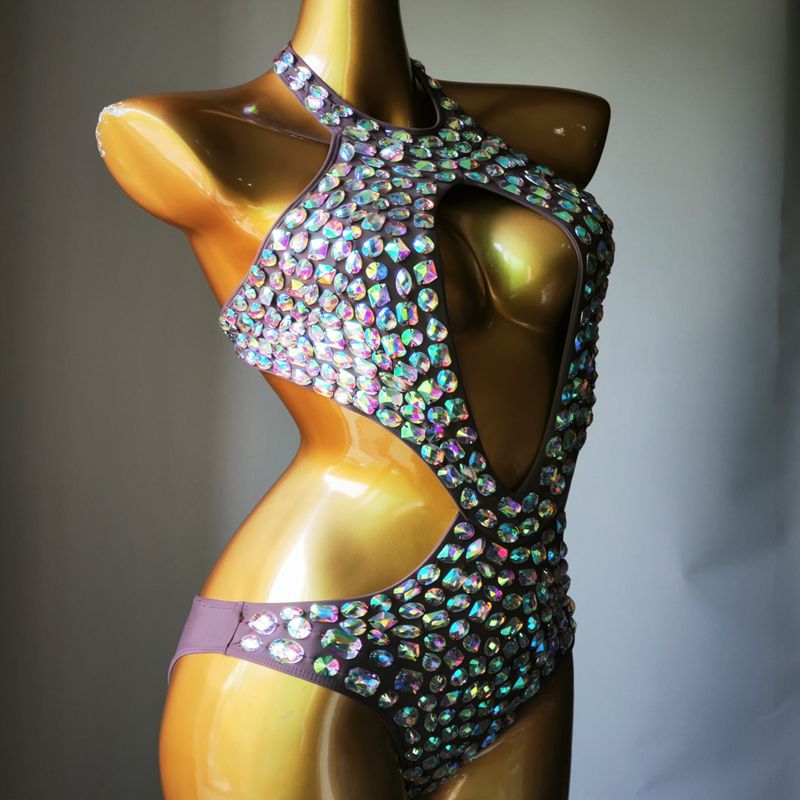 Luxury Crystal Diamond Women's Swimsuit Sexy Halter Rhinestone One-Piece Swimwear Backless Hollow Bathing Suit