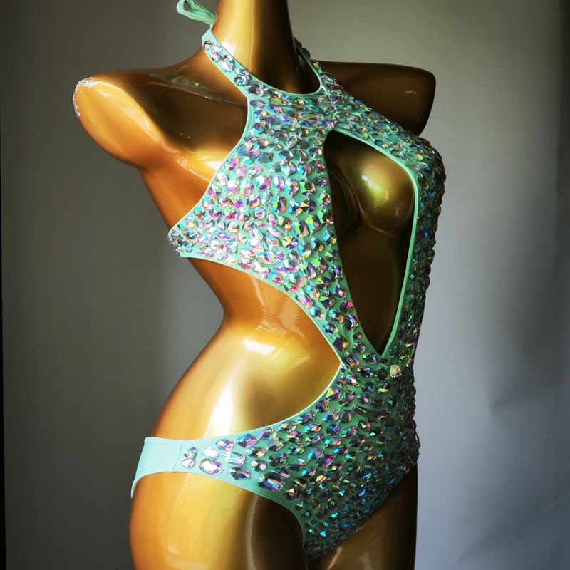 Luxury Crystal Diamond Women's Swimsuit Sexy Halter Rhinestone One-Piece Swimwear Backless Hollow Bathing Suit