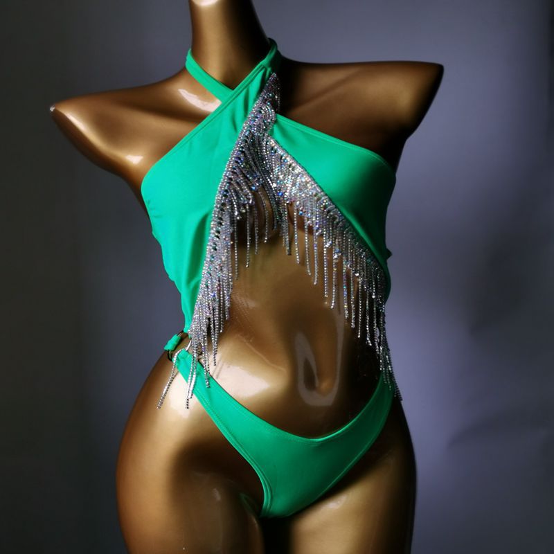 Luxury Crystal Diamond Women's Swimwear Rhinestone Tassels One-Piece Swimsuit Sexy Backless Halter Straps Bathing Suit Light green