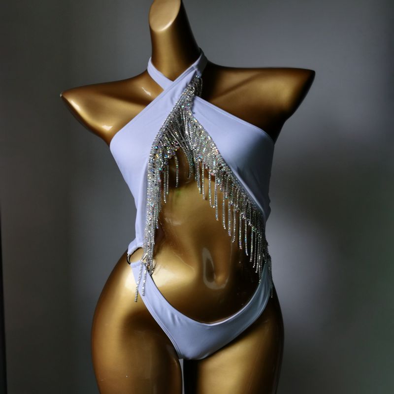 Luxury Crystal Diamond Women's Swimwear Rhinestone Tassels One-Piece Swimsuit Sexy Backless Halter Straps Bathing Suit White