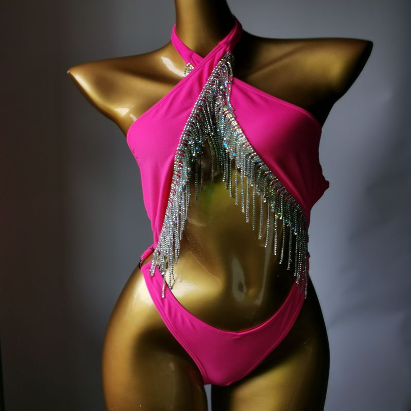 Luxury Crystal Diamond Women's Swimwear Rhinestone Tassels One-Piece Swimsuit Sexy Backless Halter Straps Bathing Suit Rose red
