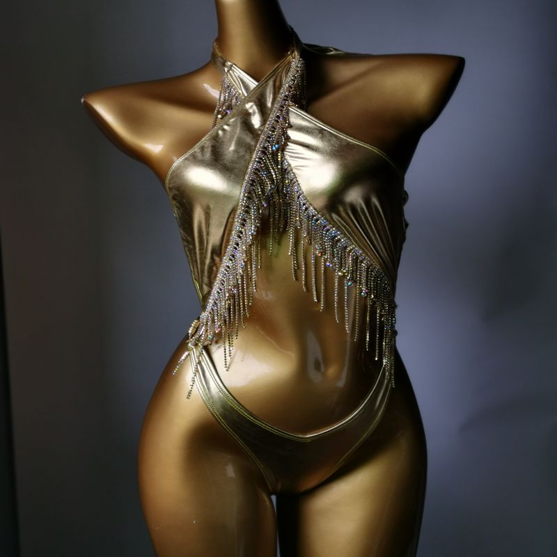Luxury Crystal Diamond Women's Swimwear Rhinestone Tassels One-Piece Swimsuit Sexy Backless Halter Straps Bathing Suit Gold