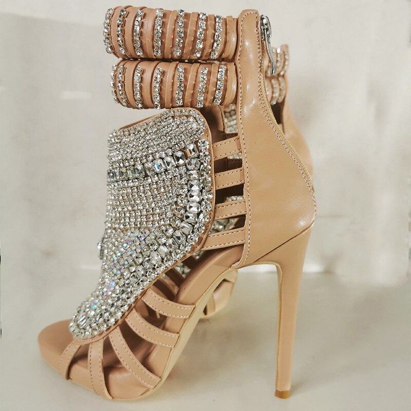 Luxury Design Diamonds Women High Heels Large Size 47 Stiletto Sandals Rhinestone Ladies Party Dress Mule Shoes