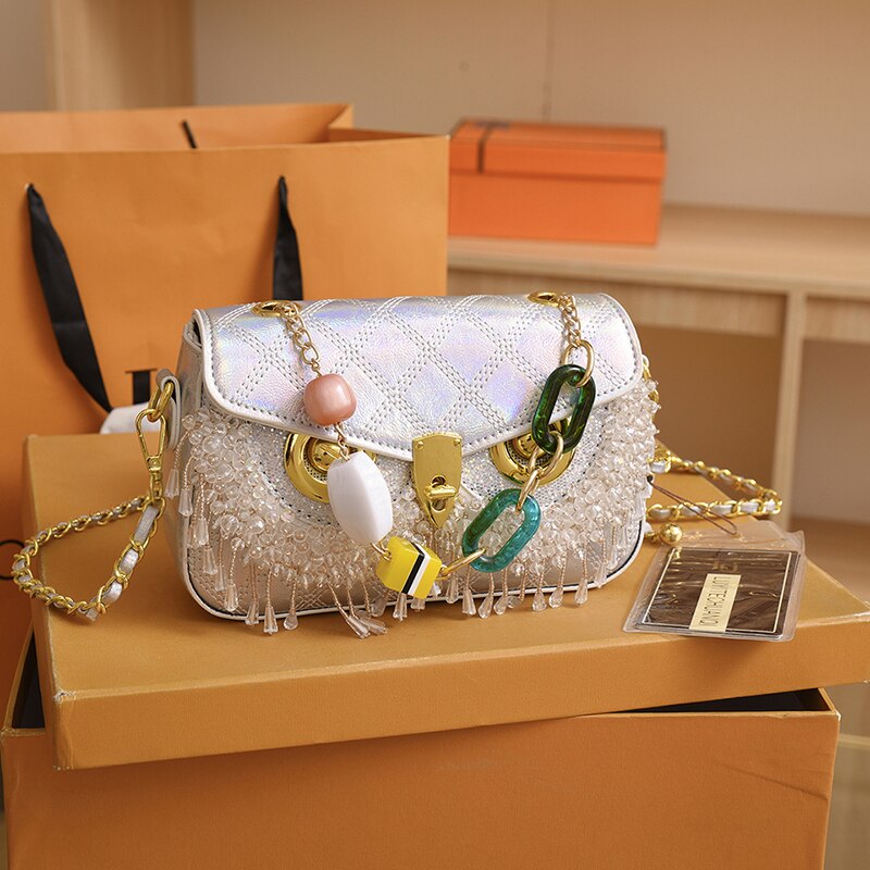 Luxury Designer Owl Bags For Women 2024 Trend Shoulder Bag Leather Beaded Purses and Handbag Black White Female Bag 5 20 X 13 X 6CM