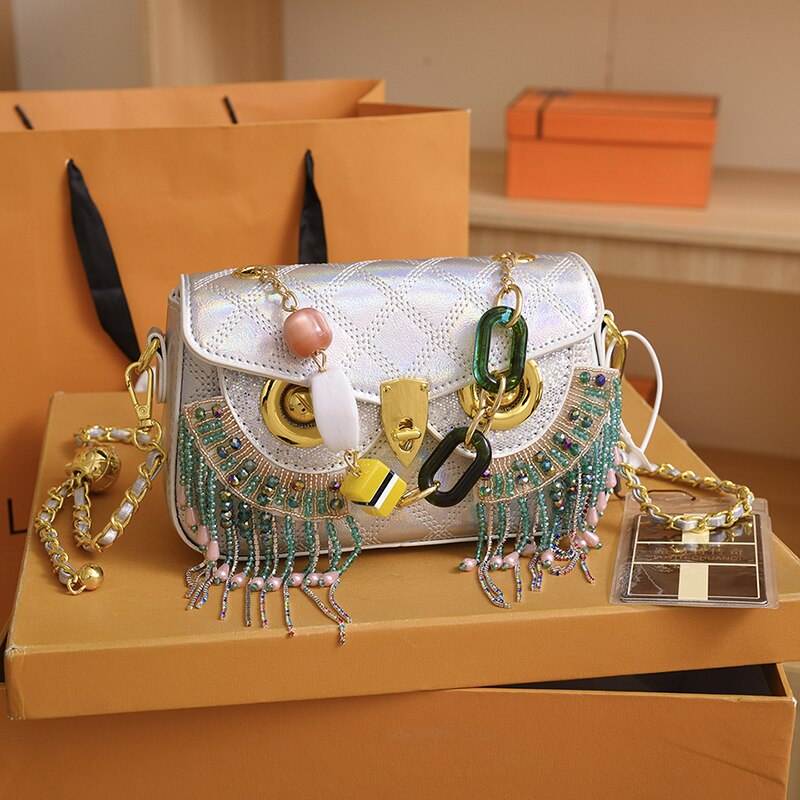 Luxury Designer Owl Bags For Women 2024 Trend Shoulder Bag Leather Beaded Purses and Handbag Black White Female Bag 4 20 X 13 X 6CM