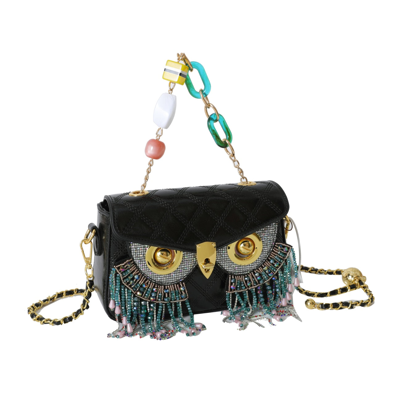 Luxury Designer Owl Bags For Women 2024 Trend Shoulder Bag Leather Beaded Purses and Handbag Black White Female Bag
