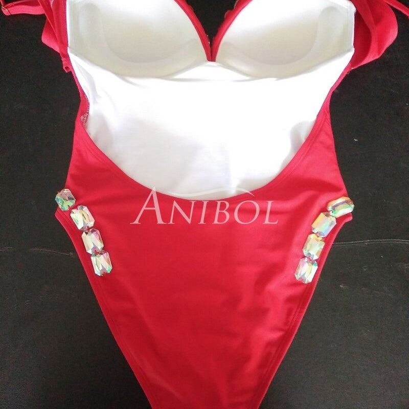 Luxury Diamond One Piece Swimsuit Low Cut Sexy Rhinestone Women Swimwear Straps Deep V-neck Crystal Bathing Suit