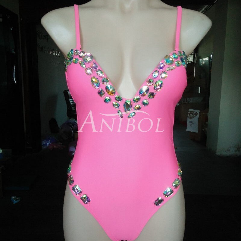 Luxury Diamond One Piece Swimsuit Low Cut Sexy Rhinestone Women Swimwear Straps Deep V-neck Crystal Bathing Suit Pink