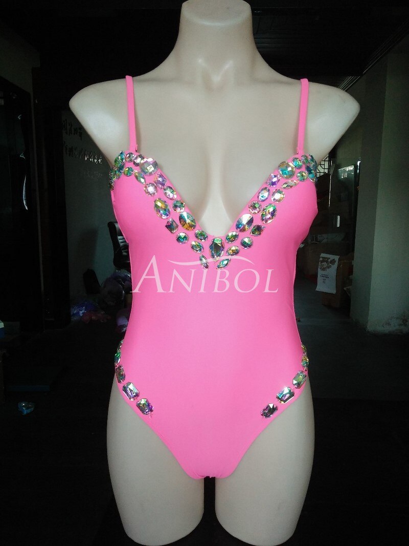 Luxury Diamond One Piece Swimsuit Low Cut Sexy Rhinestone Women Swimwear Straps Deep V-neck Crystal Bathing Suit Pink