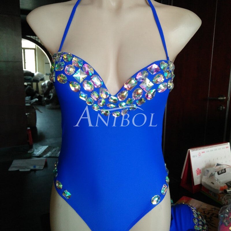 Luxury Diamond One Piece Swimsuit Low Cut Sexy Rhinestone Women Swimwear Straps Deep V-neck Crystal Bathing Suit Blue