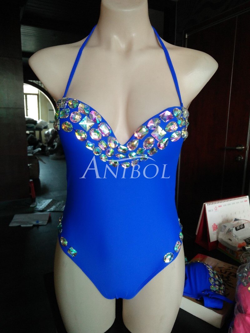 Luxury Diamond One Piece Swimsuit Low Cut Sexy Rhinestone Women Swimwear Straps Deep V-neck Crystal Bathing Suit Blue