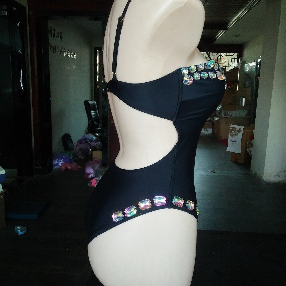 Luxury Diamond One Piece Swimsuit Low Cut Sexy Rhinestone Women Swimwear Straps Deep V-neck Crystal Bathing Suit