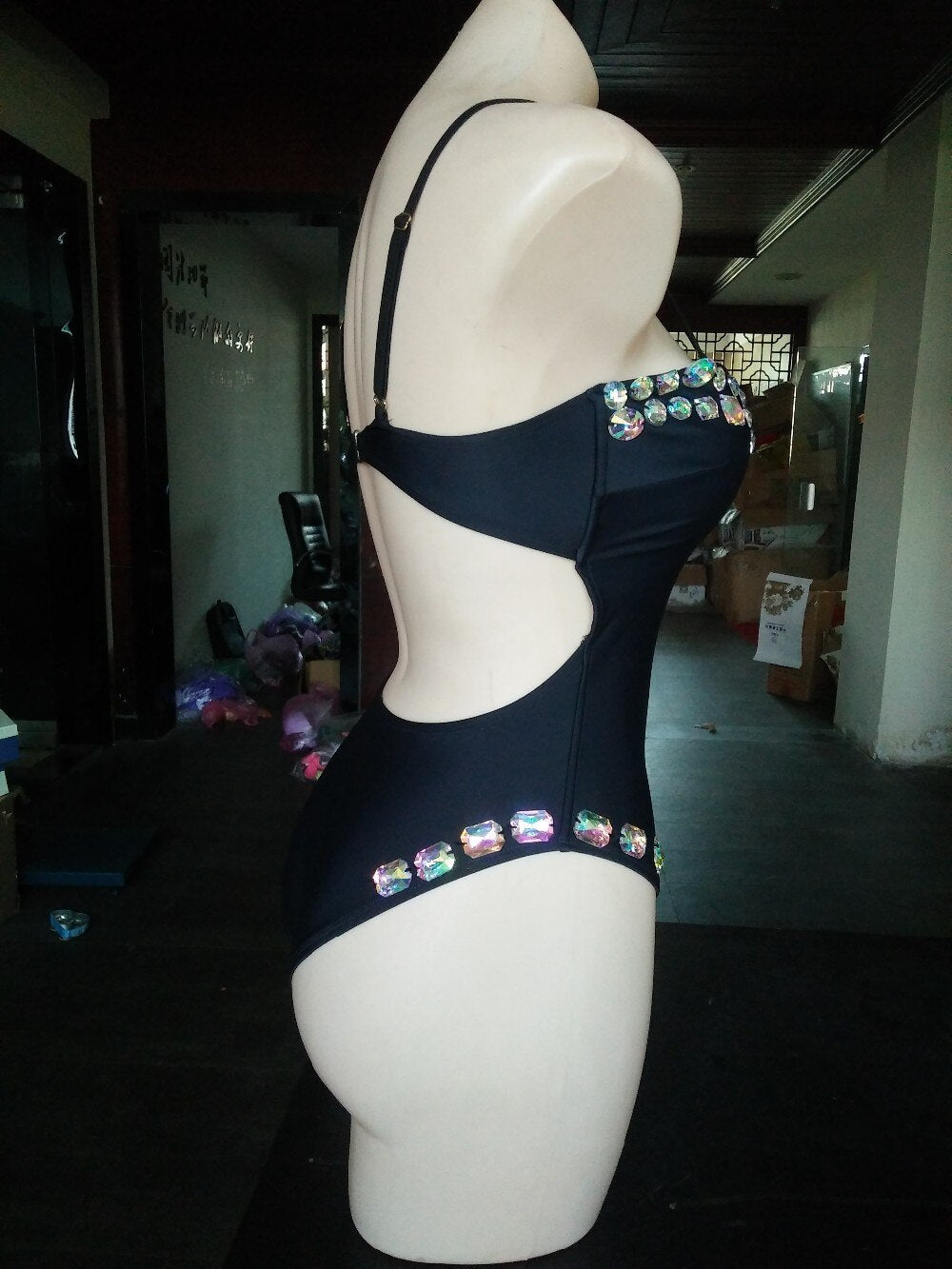 Luxury Diamond One Piece Swimsuit Low Cut Sexy Rhinestone Women Swimwear Straps Deep V-neck Crystal Bathing Suit